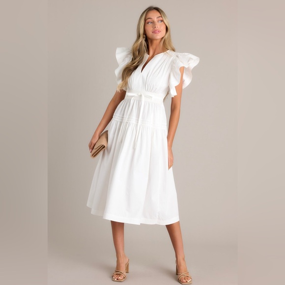 O.P.T Chic White Midi cotton Dress with Ruffle Detail New xs - Picture 2 of 16